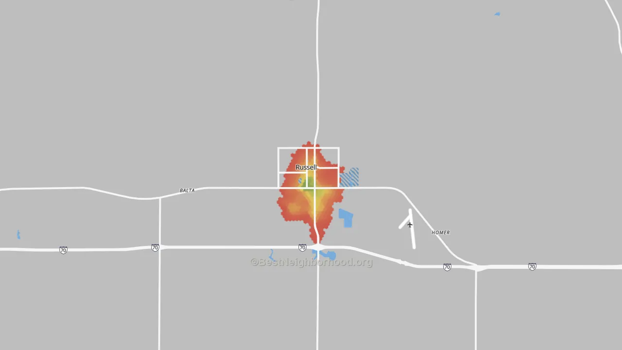 Walk Grade map of Russell, KS, walkable areas in green and car-dependent areas in red