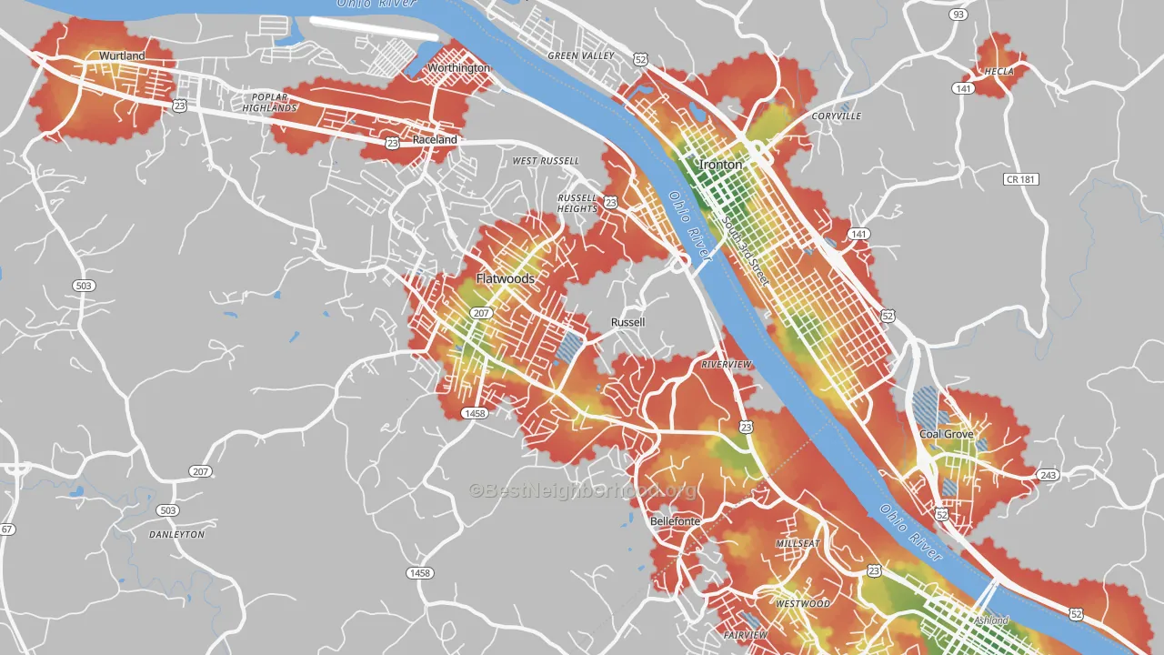 Walk Grade map of Russell, KY, walkable areas in green and car-dependent areas in red