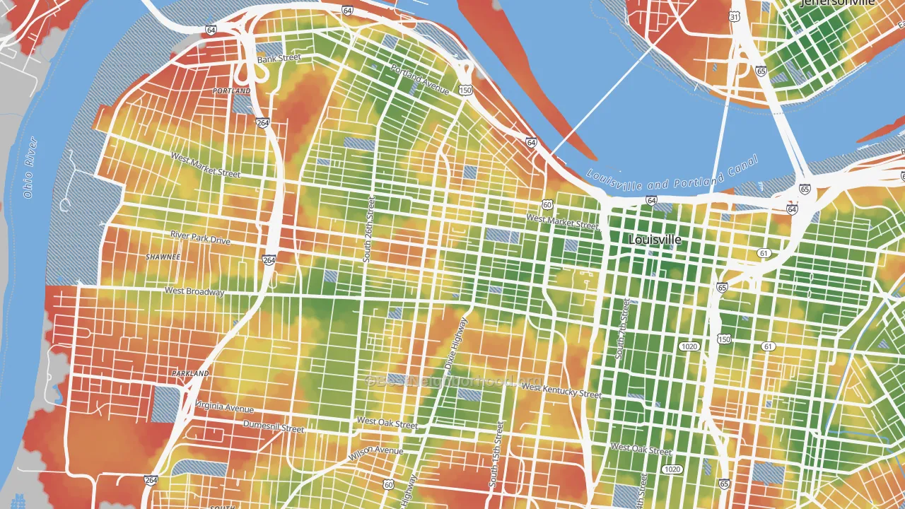 Walk Grade map of Russell, Louisville, KY, walkable areas in green and car-dependent areas in red