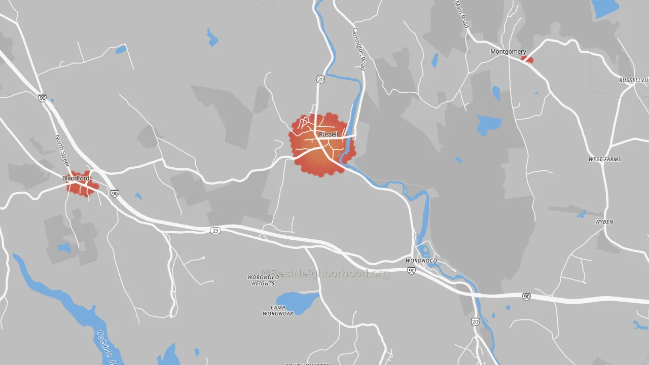 Walk Grade map of Russell, MA, walkable areas in green and car-dependent areas in red