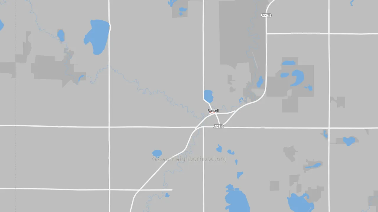 Walk Grade map of Russell, MN, walkable areas in green and car-dependent areas in red