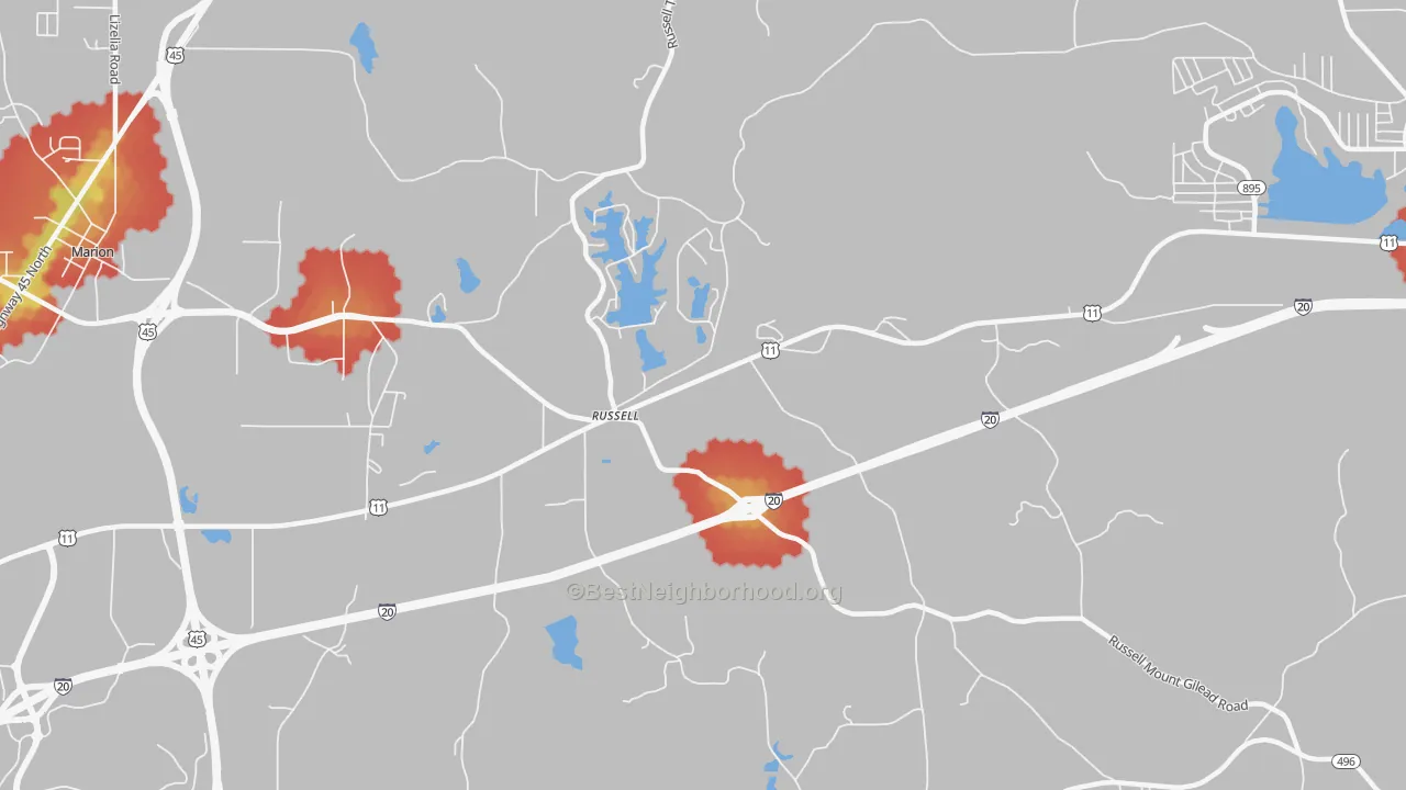 Walk Grade map of Russell, MS, walkable areas in green and car-dependent areas in red