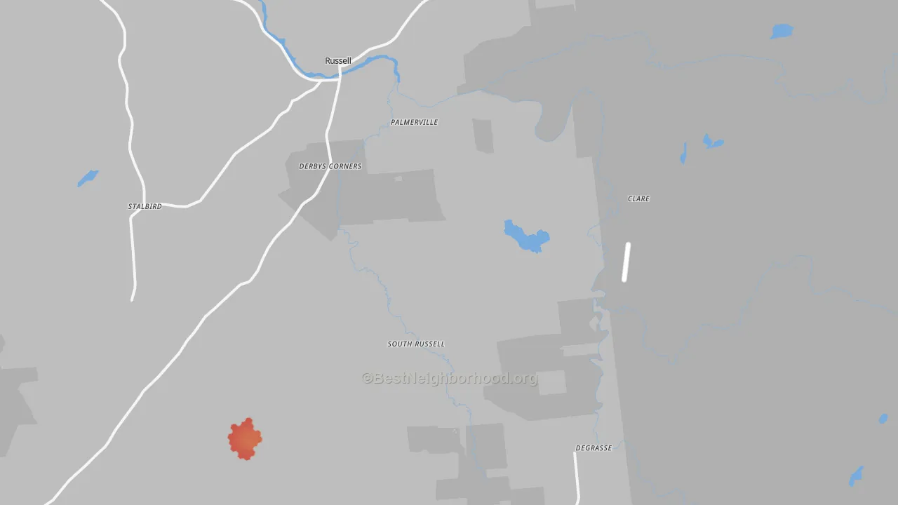 Walk Grade map of Russell, NY, walkable areas in green and car-dependent areas in red
