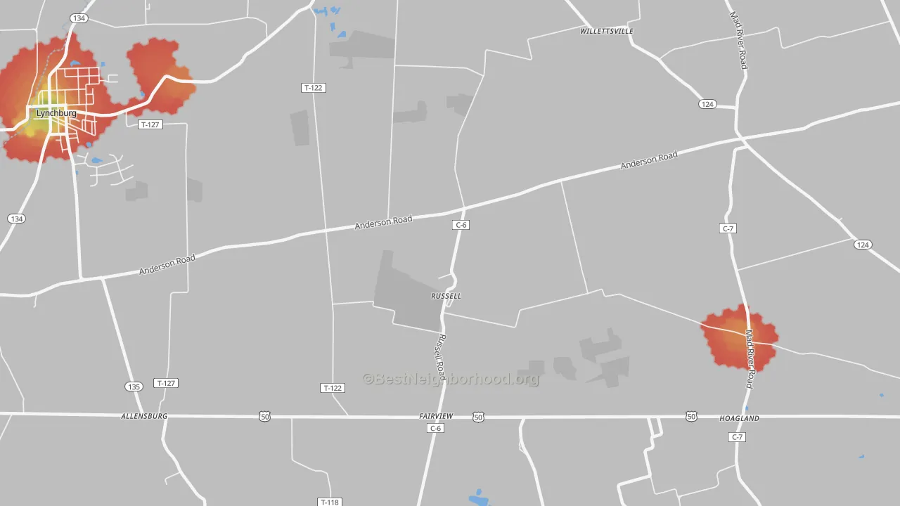 Walk Grade map of Russell, OH, walkable areas in green and car-dependent areas in red