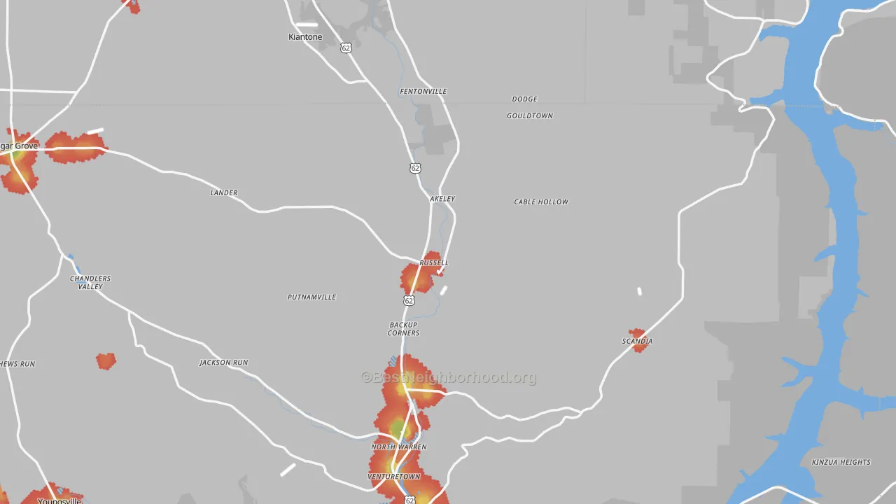 Walk Grade map of Russell, PA, walkable areas in green and car-dependent areas in red