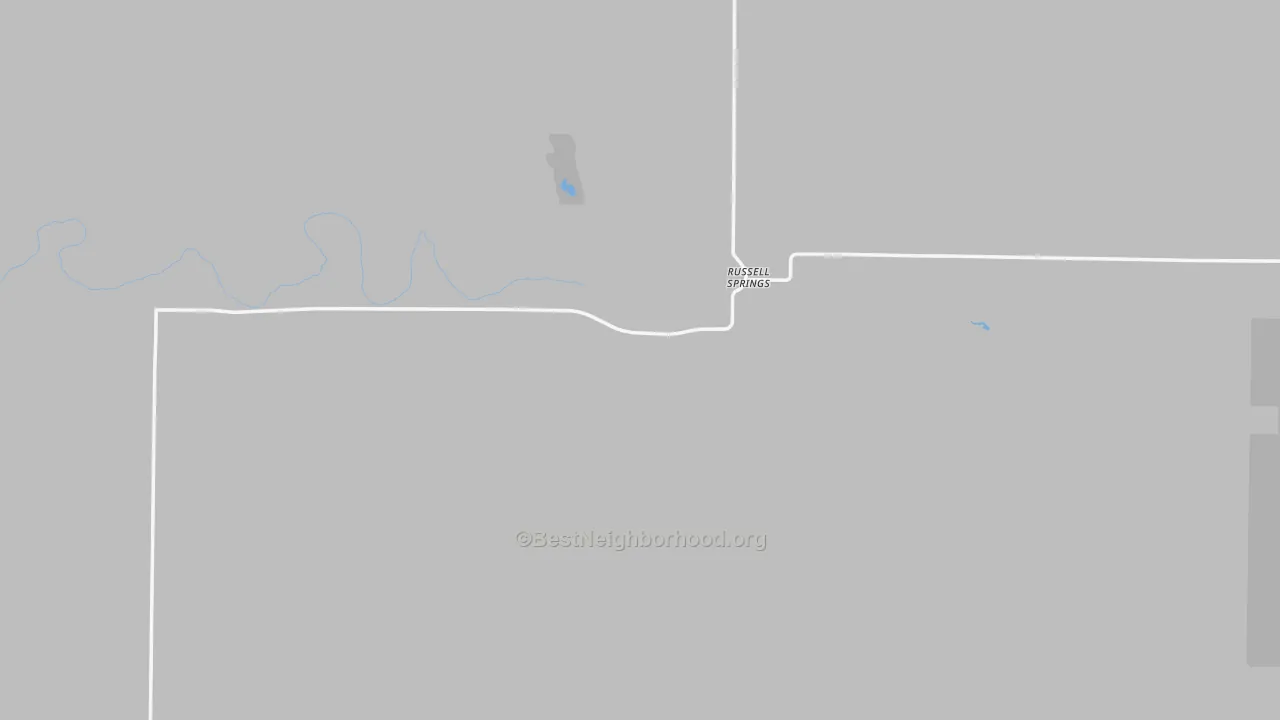 Walk Grade map of Russell Springs, KS, walkable areas in green and car-dependent areas in red