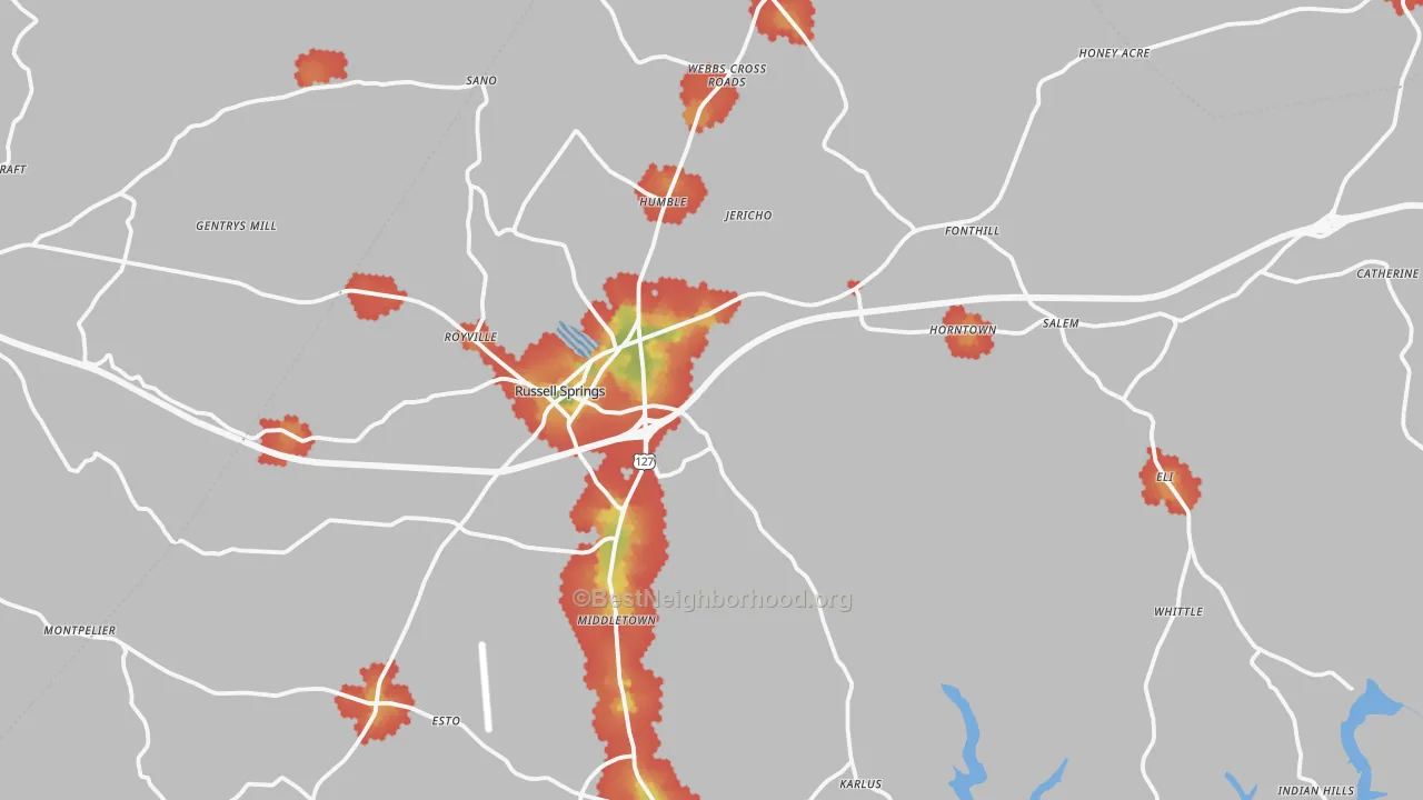 Walk Grade map of Russell Springs, KY, walkable areas in green and car-dependent areas in red