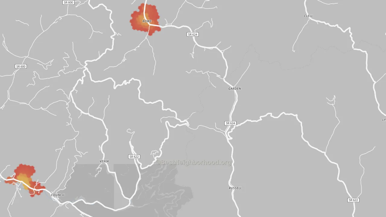 Walk Grade map of Russell, VA, walkable areas in green and car-dependent areas in red