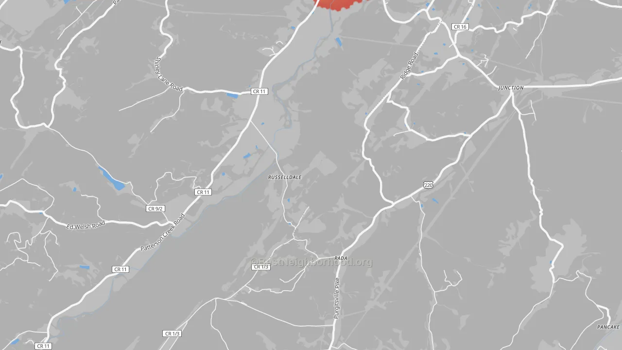 Walk Grade map of Russelldale, WV, walkable areas in green and car-dependent areas in red