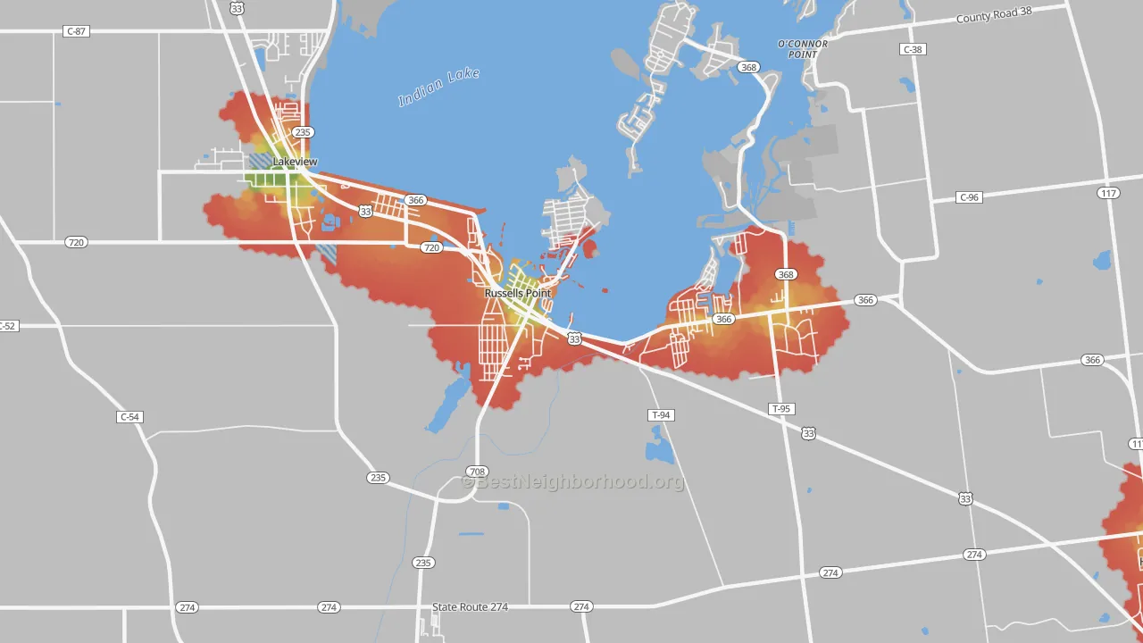 Walk Grade map of Russells Point, OH, walkable areas in green and car-dependent areas in red