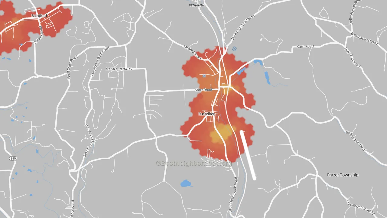 Walk Grade map of Russellton, PA, walkable areas in green and car-dependent areas in red