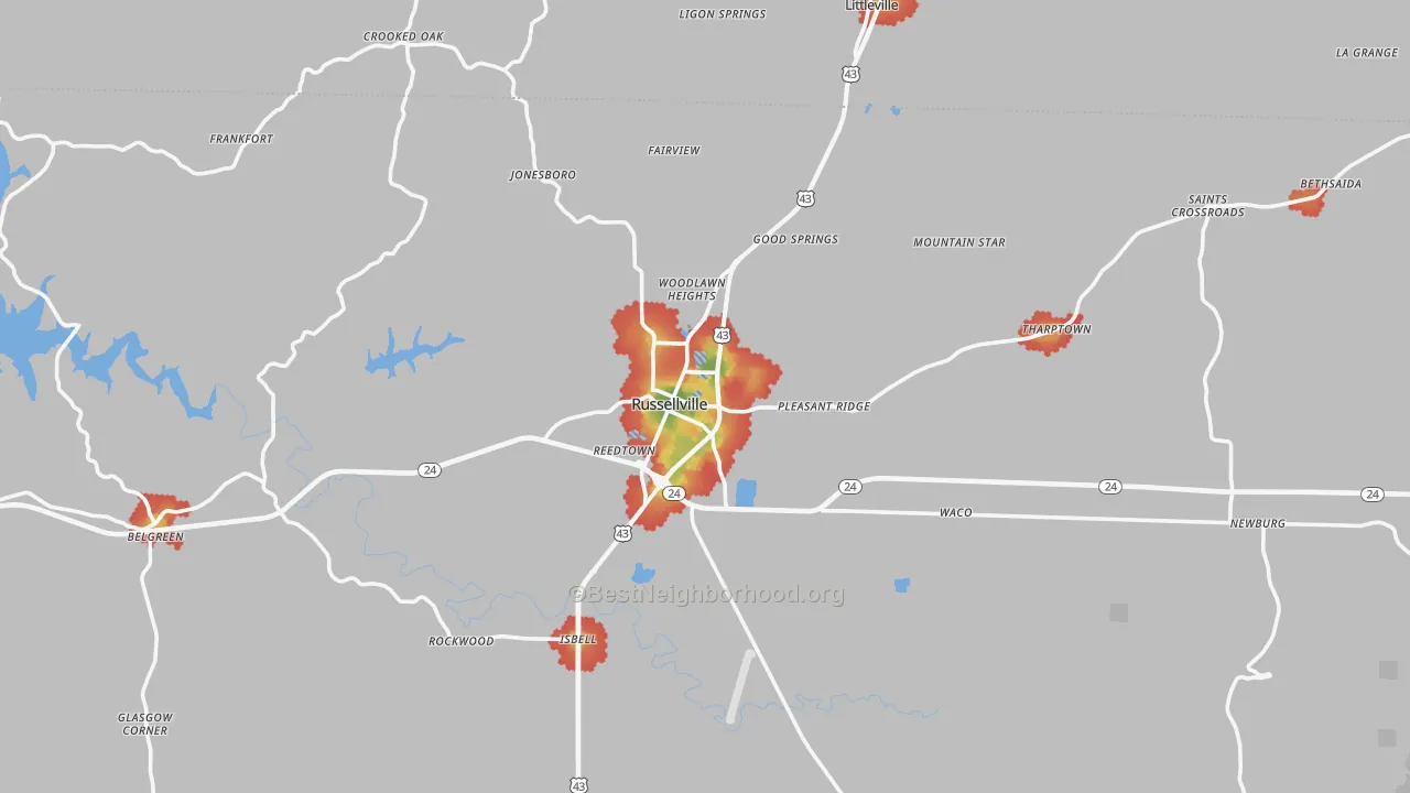 Walk Grade map of Russellville, AL, walkable areas in green and car-dependent areas in red
