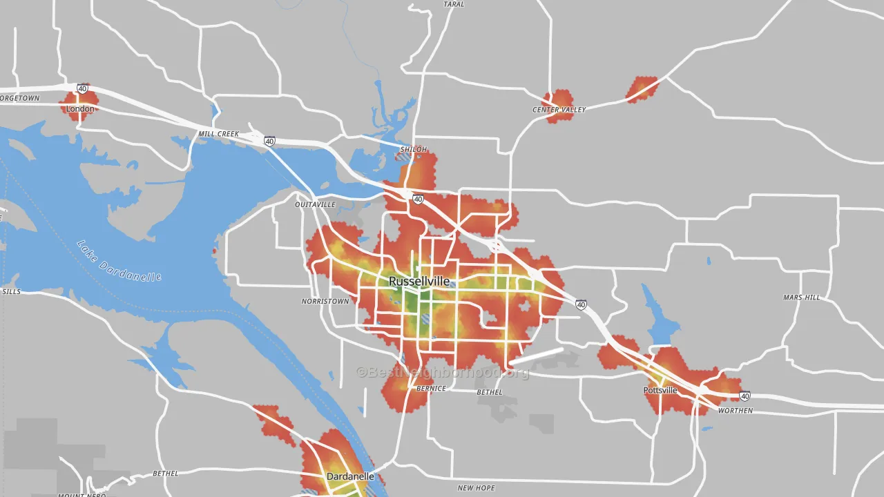 Walk Grade map of Russellville, AR, walkable areas in green and car-dependent areas in red