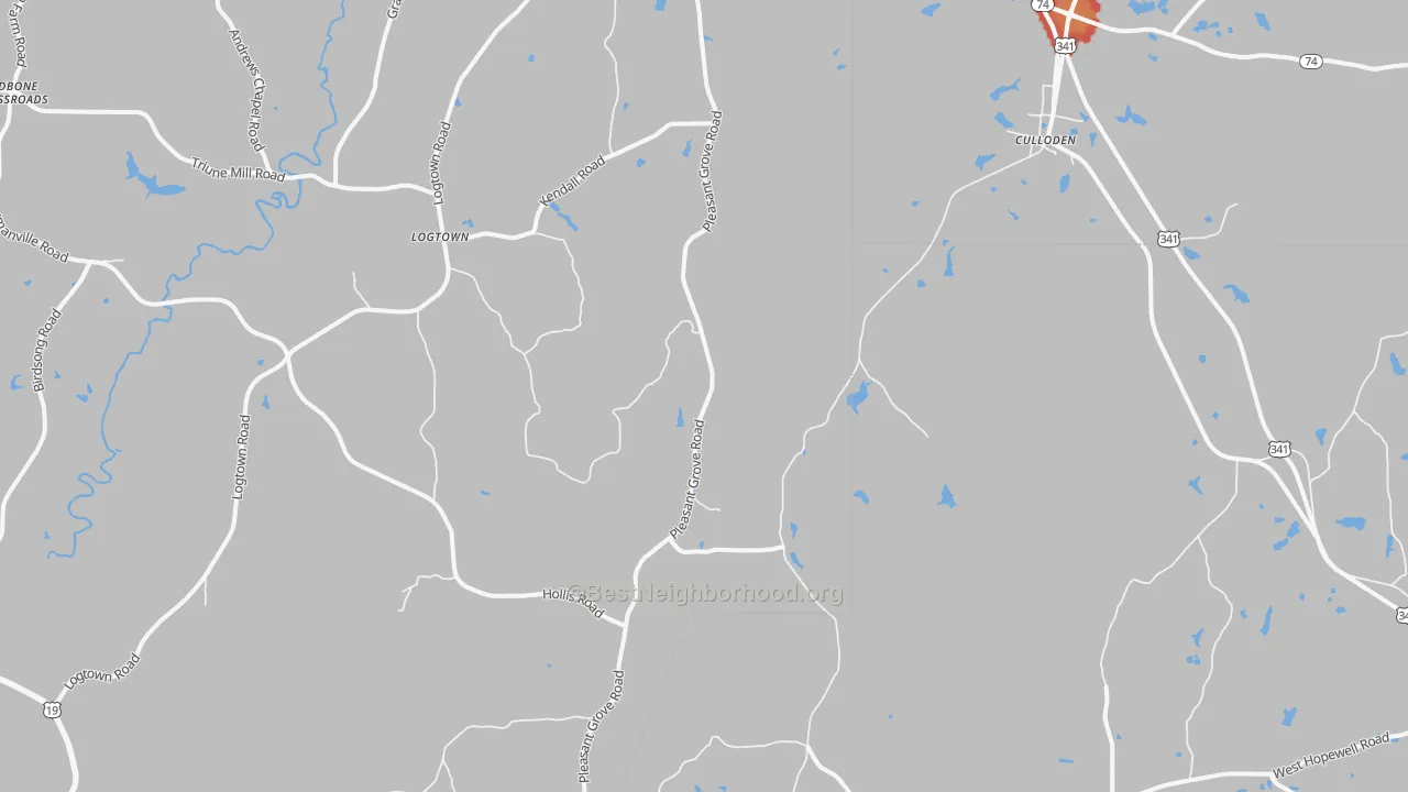 Walk Grade map of Russellville, GA, walkable areas in green and car-dependent areas in red