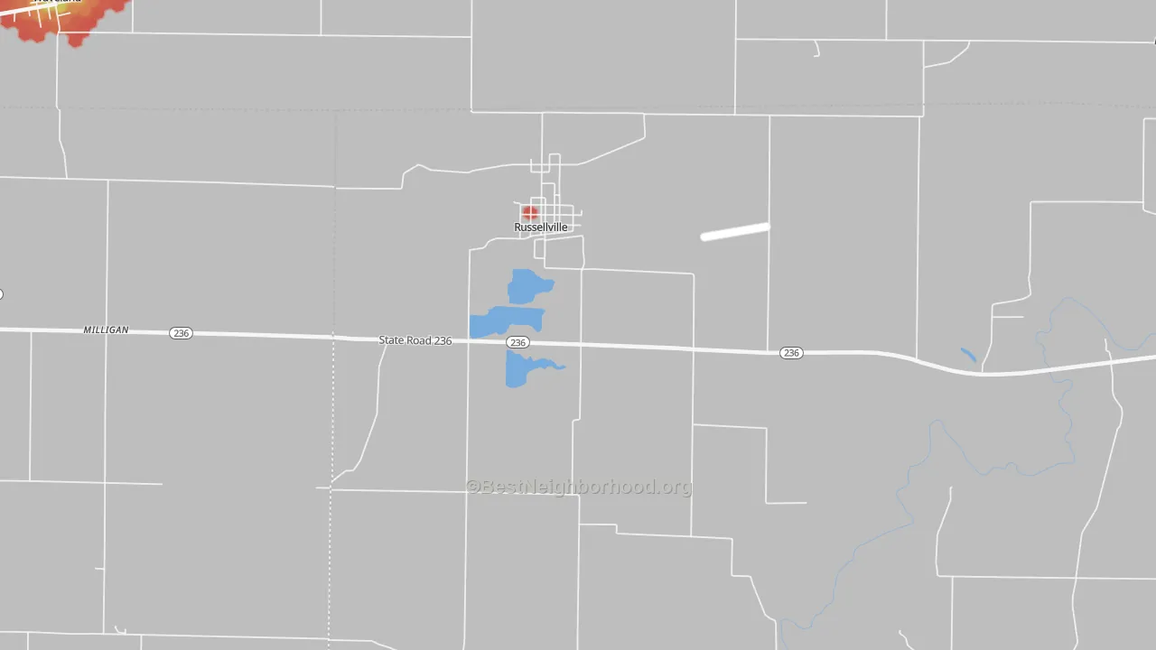 Walk Grade map of Russellville, IN, walkable areas in green and car-dependent areas in red
