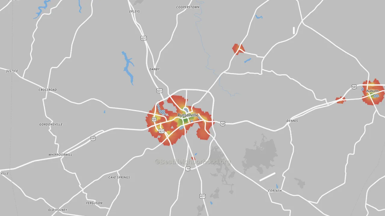 Walk Grade map of Russellville, KY, walkable areas in green and car-dependent areas in red