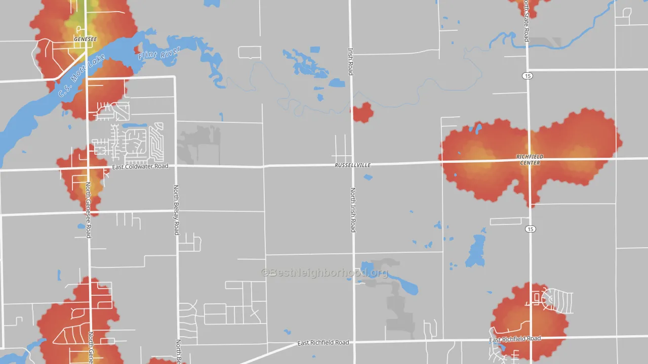 Walk Grade map of Russellville, MI, walkable areas in green and car-dependent areas in red