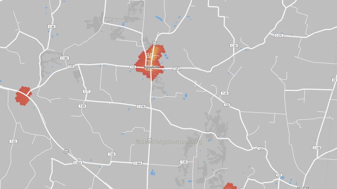 Walk Grade map of Russellville, OH, walkable areas in green and car-dependent areas in red