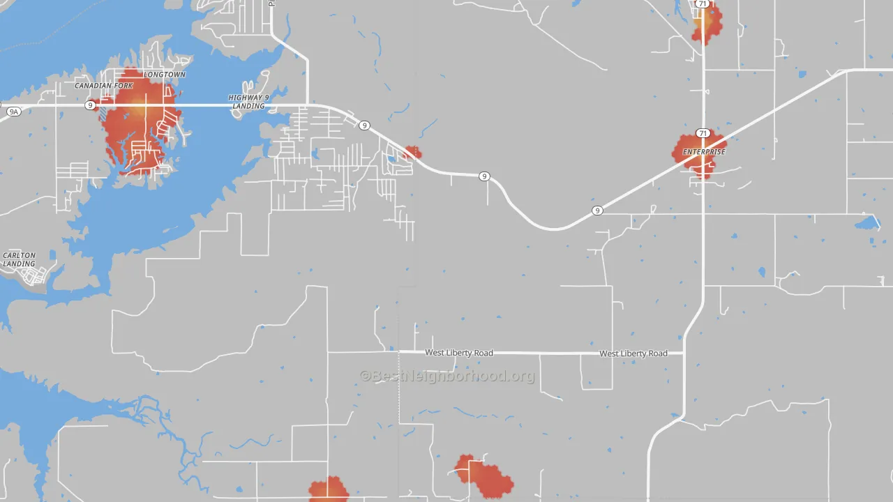 Walk Grade map of Russellville, OK, walkable areas in green and car-dependent areas in red