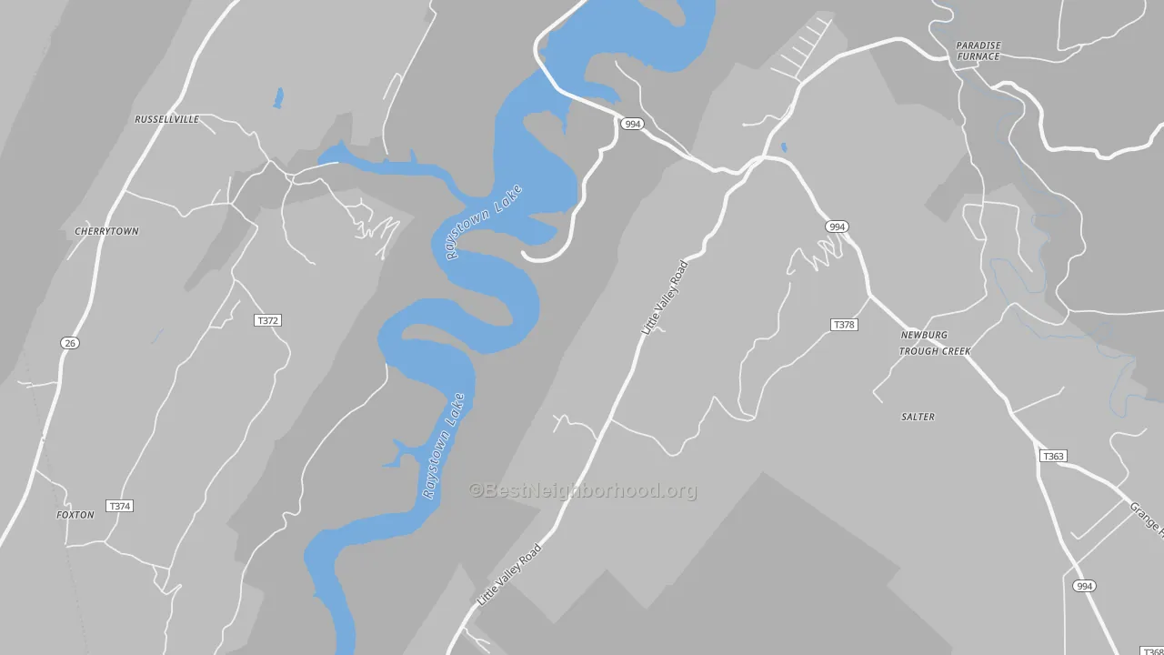 Walk Grade map of Russellville, PA, walkable areas in green and car-dependent areas in red