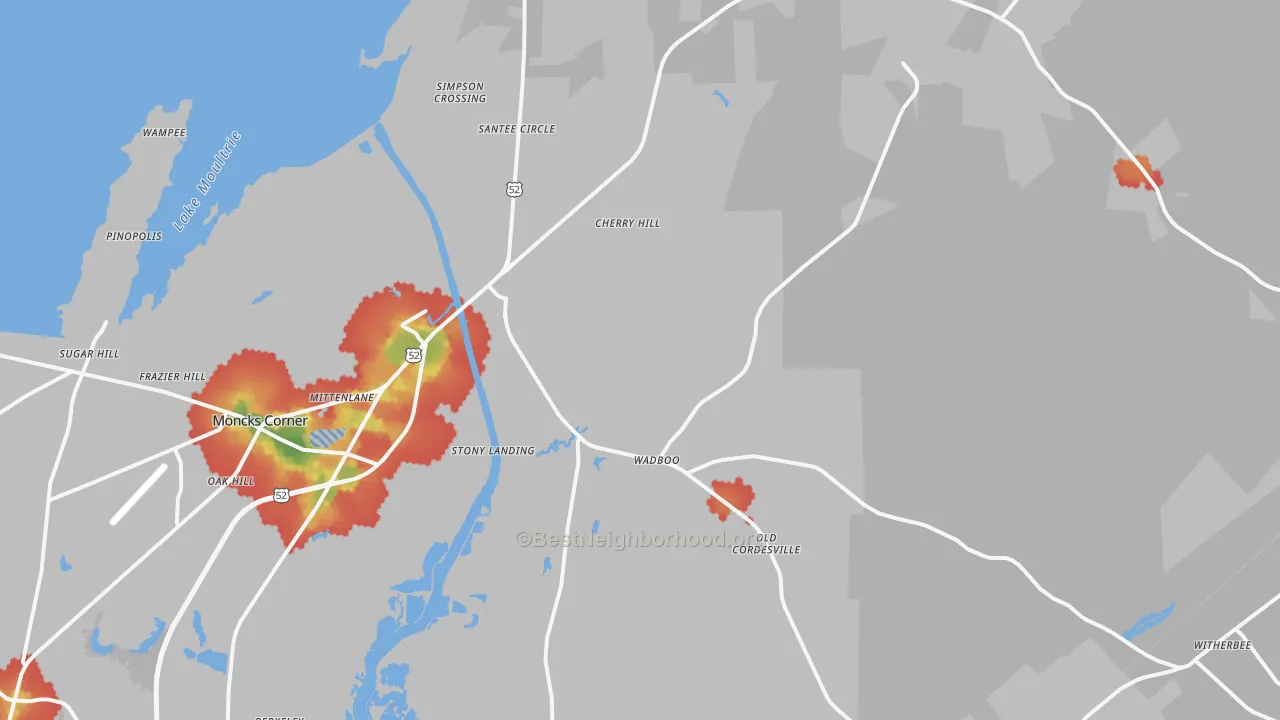 Walk Grade map of Russellville, SC, walkable areas in green and car-dependent areas in red