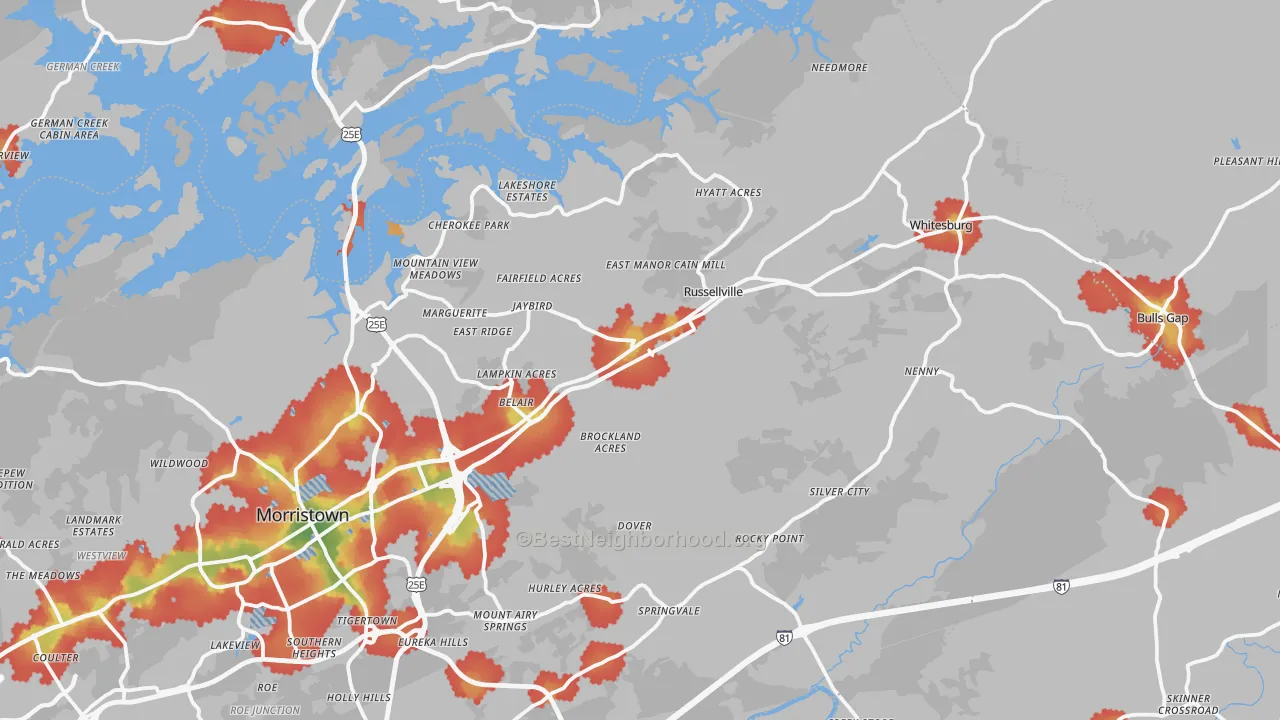 Walk Grade map of Russellville, TN, walkable areas in green and car-dependent areas in red