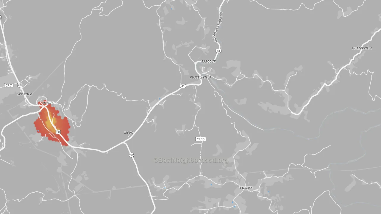Walk Grade map of Russellville, WV, walkable areas in green and car-dependent areas in red