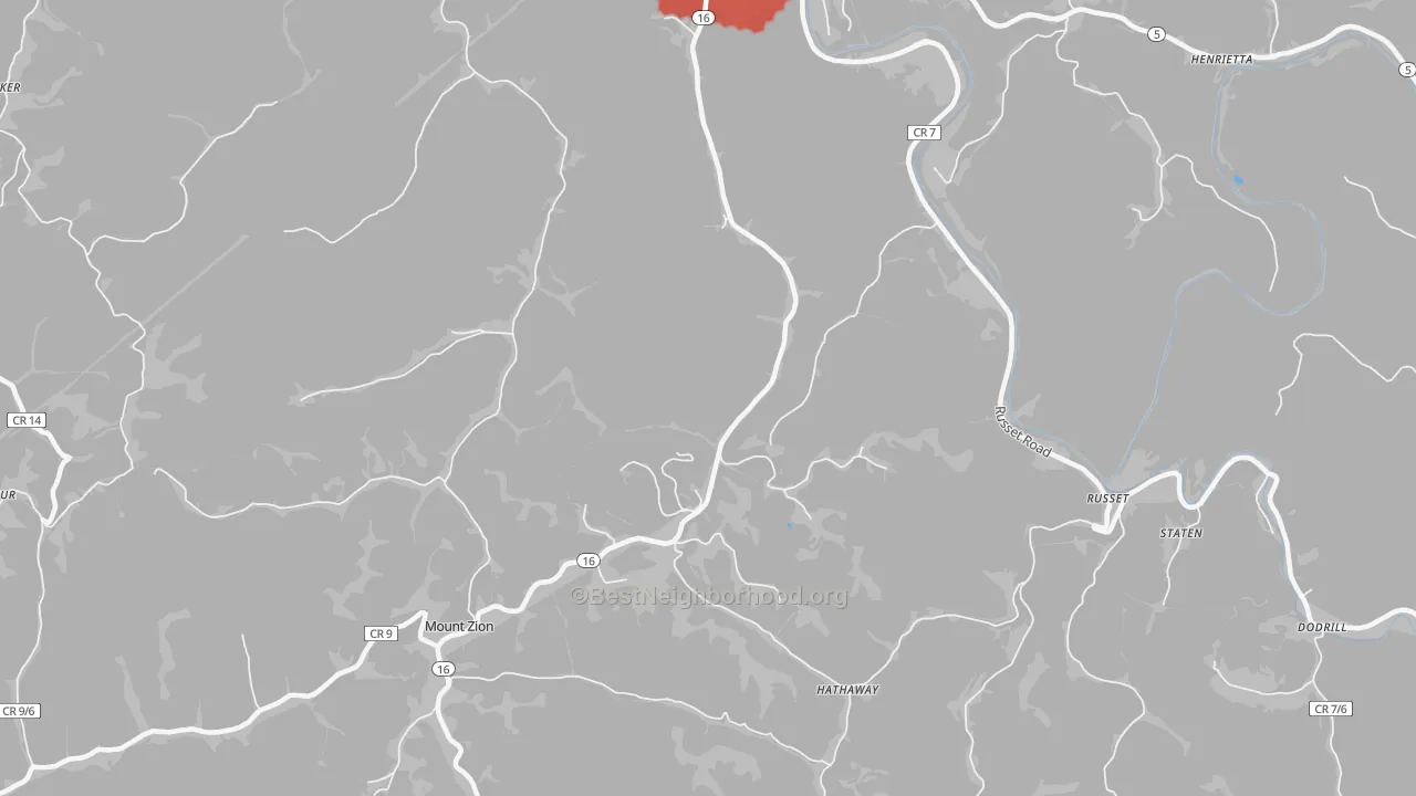 Walk Grade map of Russet, WV, walkable areas in green and car-dependent areas in red