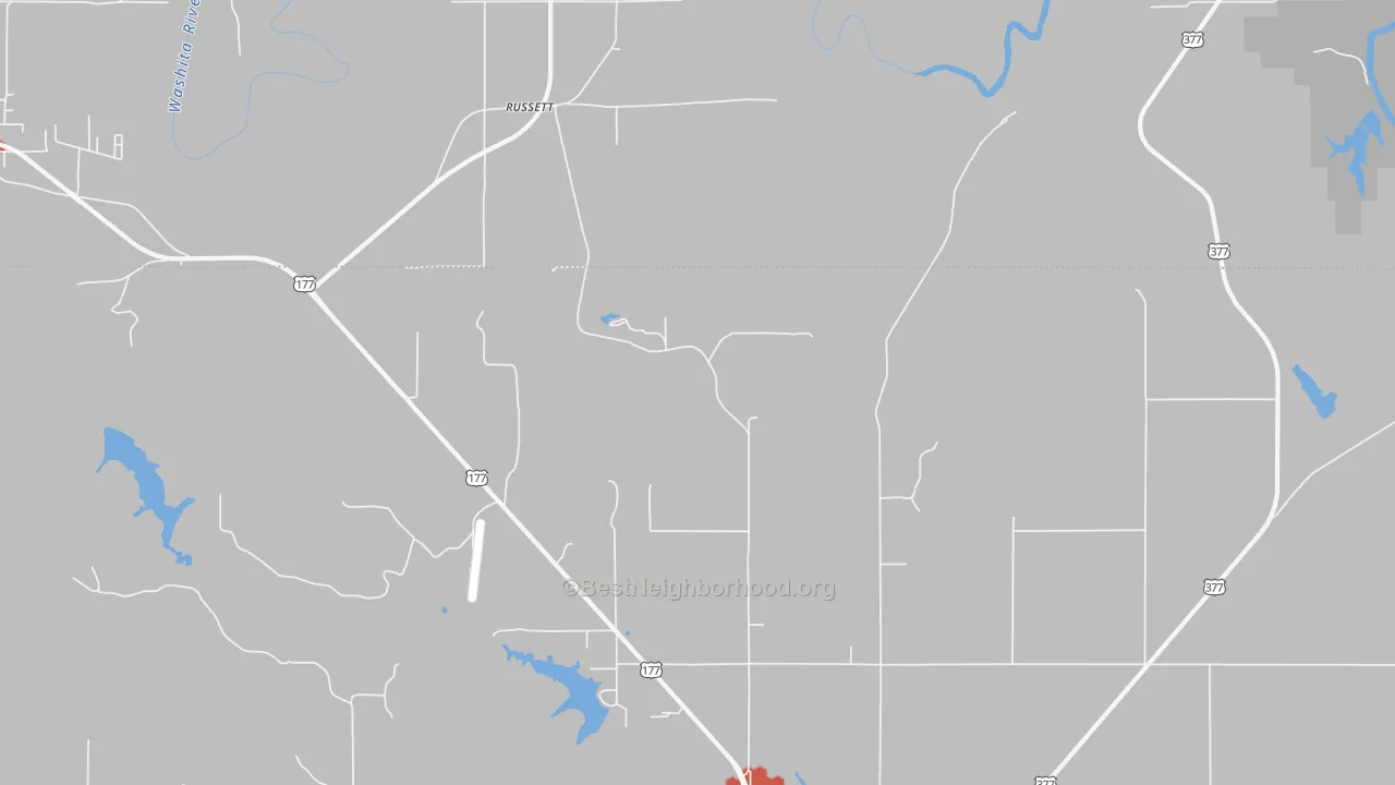 Walk Grade map of Russett, OK, walkable areas in green and car-dependent areas in red