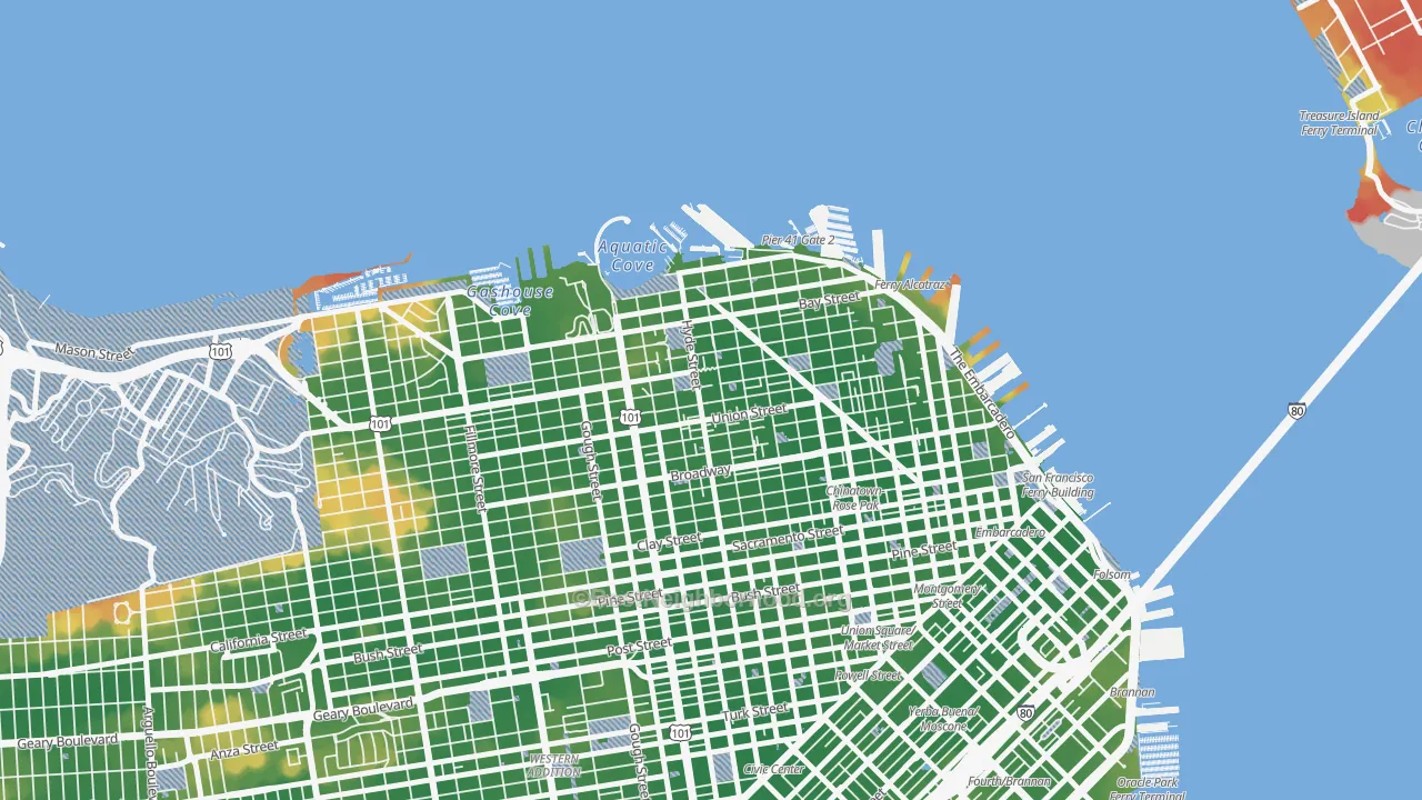 Walk Grade map of Russian Hill, San Francisco, CA, walkable areas in green and car-dependent areas in red