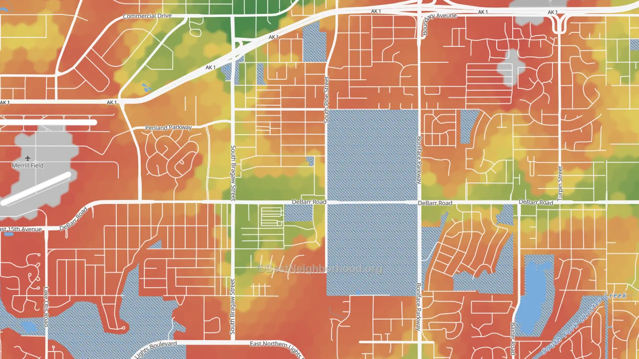 Walk Grade map of Russian Jack Park, Anchorage, AK, walkable areas in green and car-dependent areas in red