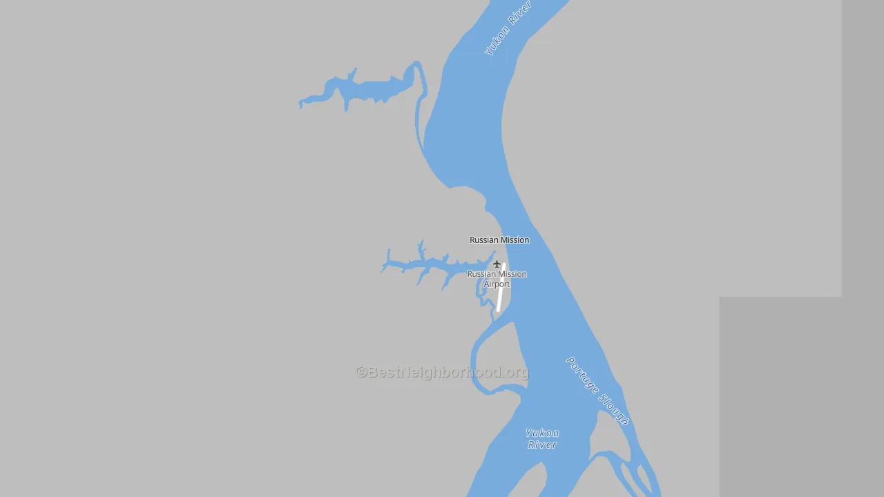 Walk Grade map of Russian Mission, AK, walkable areas in green and car-dependent areas in red