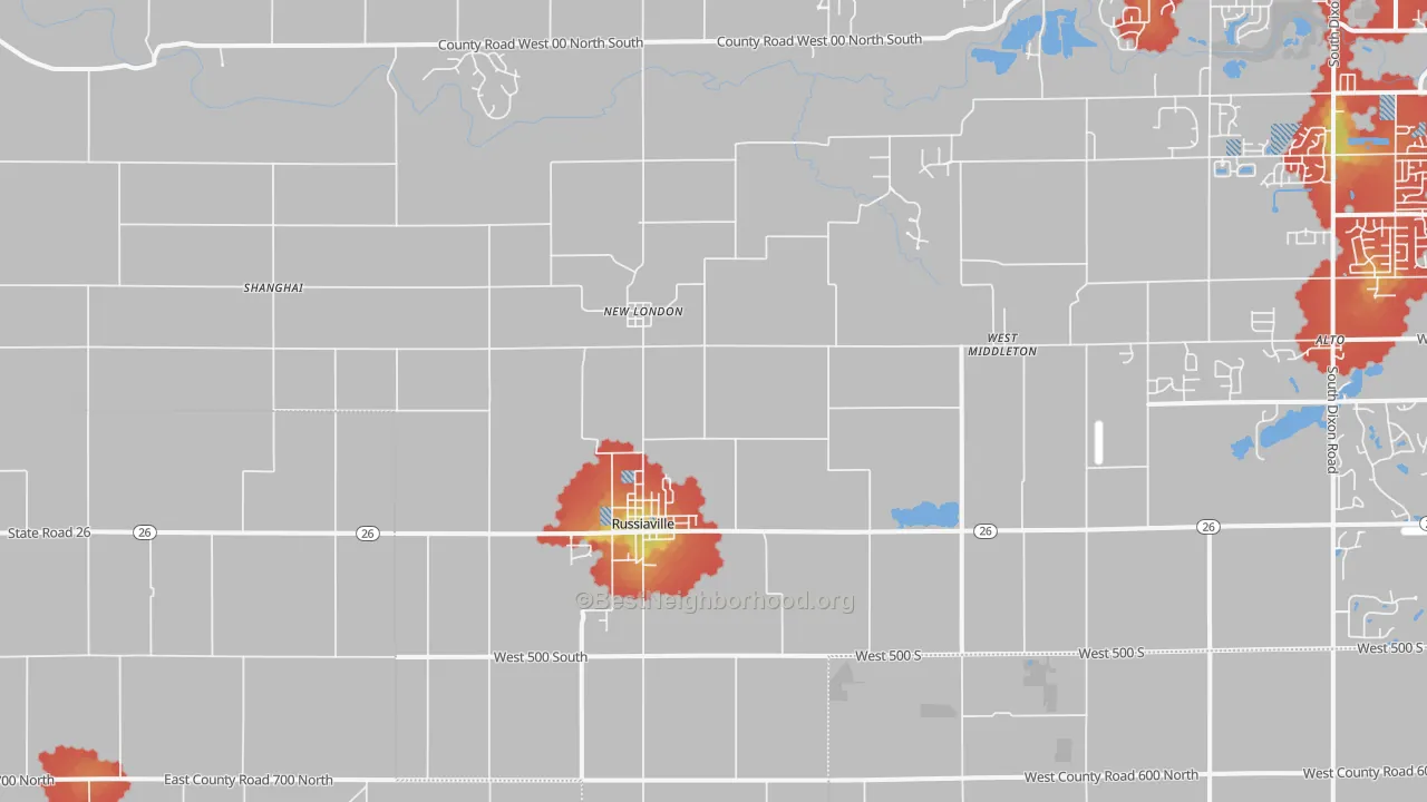 Walk Grade map of Russiaville, IN, walkable areas in green and car-dependent areas in red