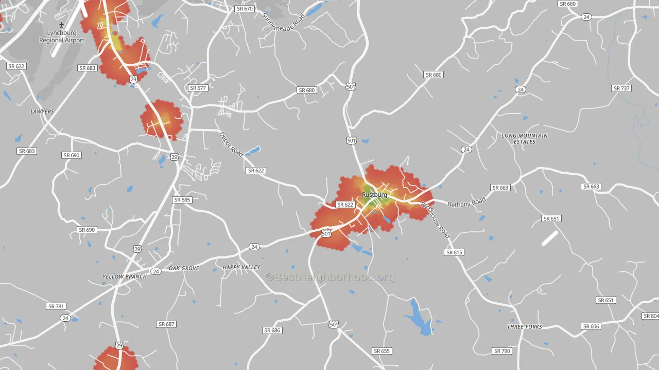 Walk Grade map of Rustburg, VA, walkable areas in green and car-dependent areas in red
