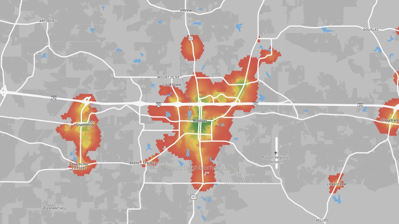 Walk Grade map of Ruston, LA, walkable areas in green and car-dependent areas in red