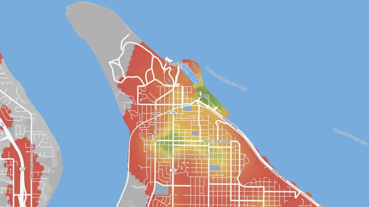 Walk Grade map of Ruston, WA, walkable areas in green and car-dependent areas in red