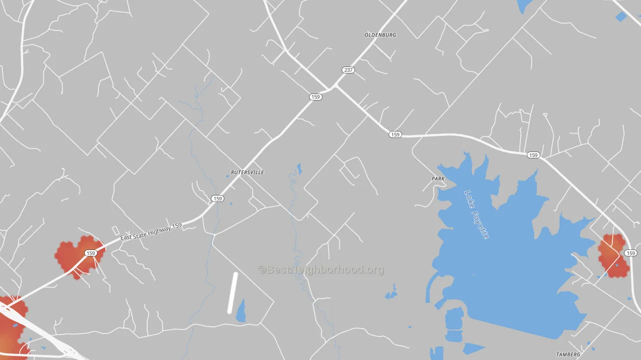 Walk Grade map of Rutersville, TX, walkable areas in green and car-dependent areas in red