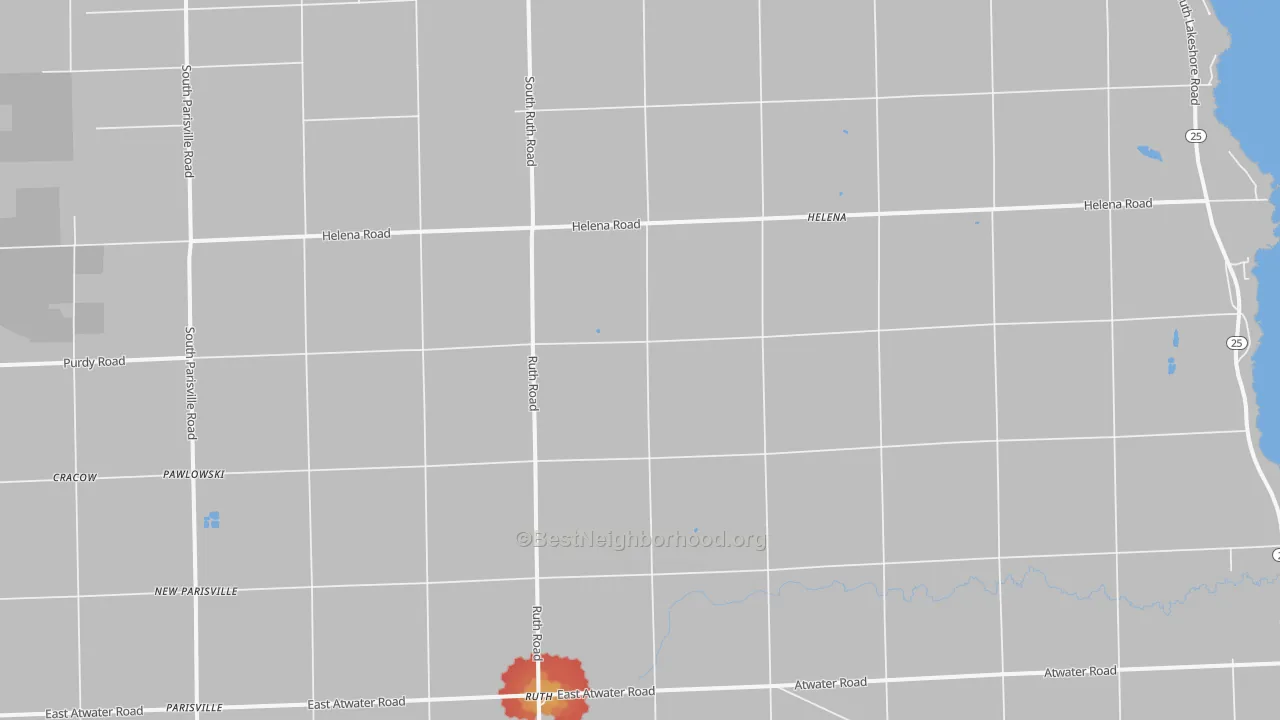 Walk Grade map of Ruth, MI, walkable areas in green and car-dependent areas in red