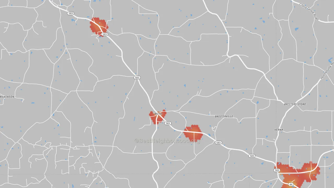 Walk Grade map of Ruth, MS, walkable areas in green and car-dependent areas in red