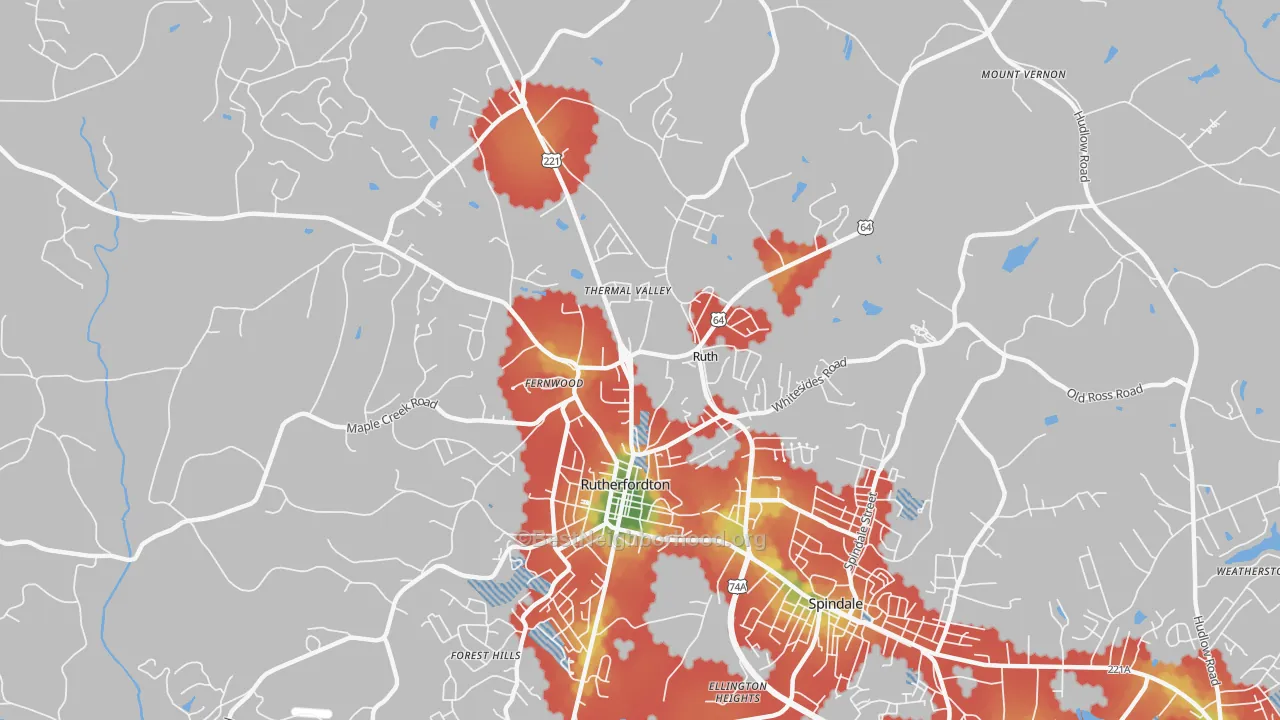 Walk Grade map of Ruth, NC, walkable areas in green and car-dependent areas in red