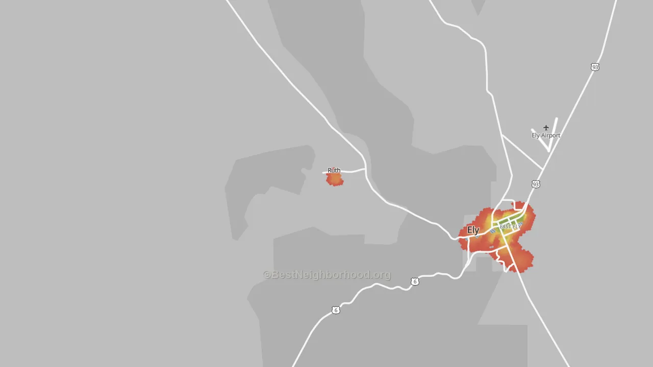 Walk Grade map of Ruth, NV, walkable areas in green and car-dependent areas in red