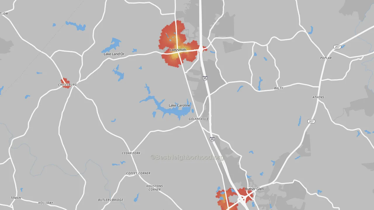 Walk Grade map of Ruther Glen, VA, walkable areas in green and car-dependent areas in red