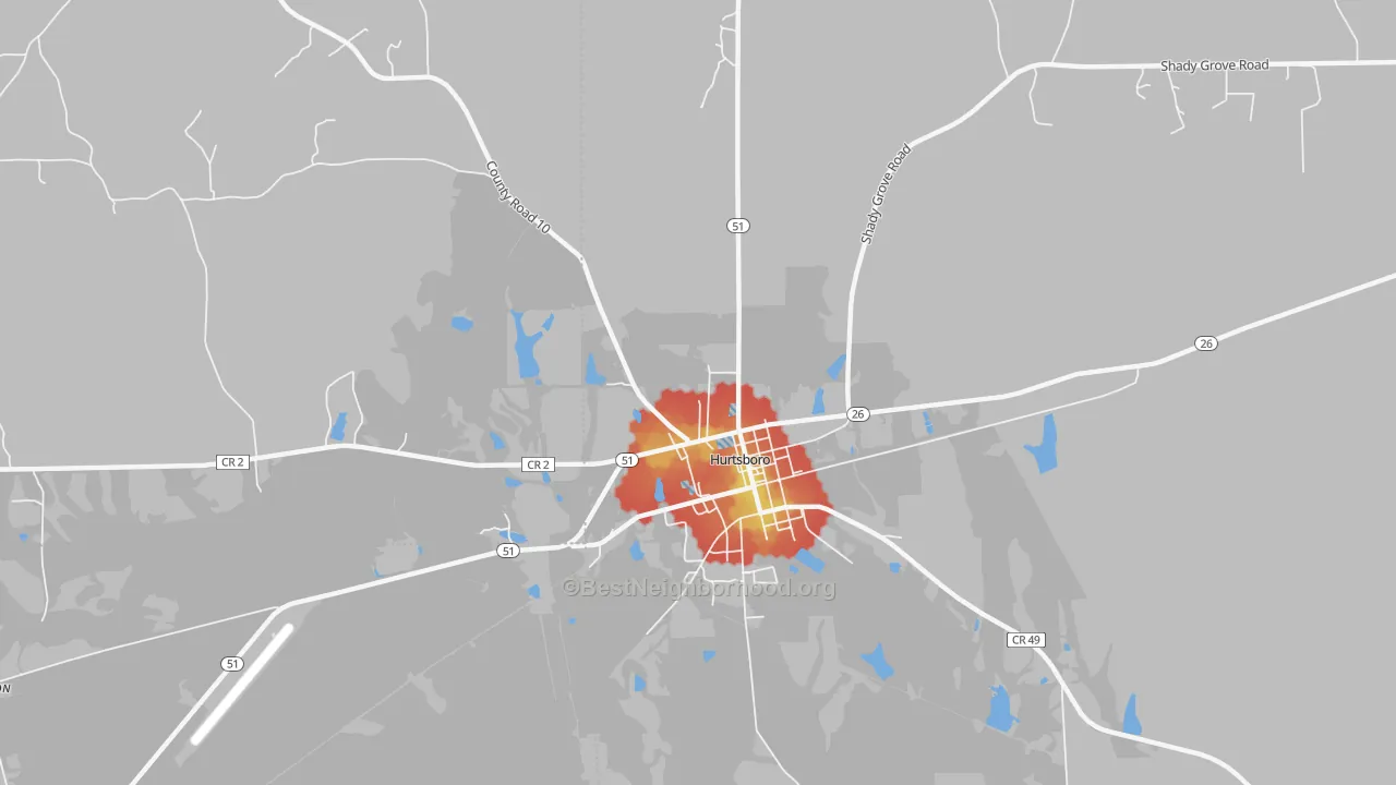 Walk Grade map of Rutherford, AL, walkable areas in green and car-dependent areas in red