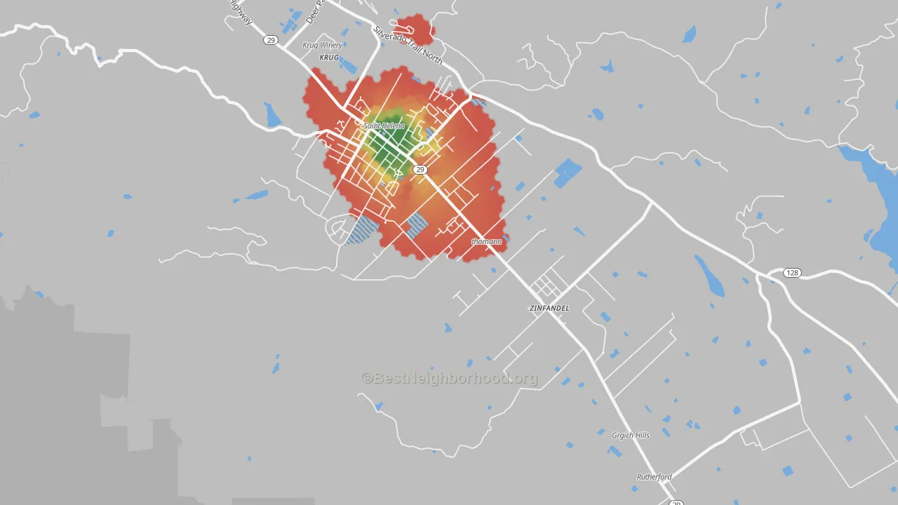 Walk Grade map of Rutherford, CA, walkable areas in green and car-dependent areas in red