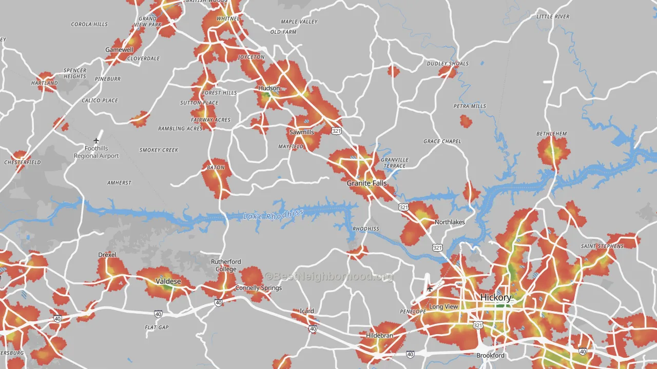 Walk Grade map of Rutherford College, NC, walkable areas in green and car-dependent areas in red