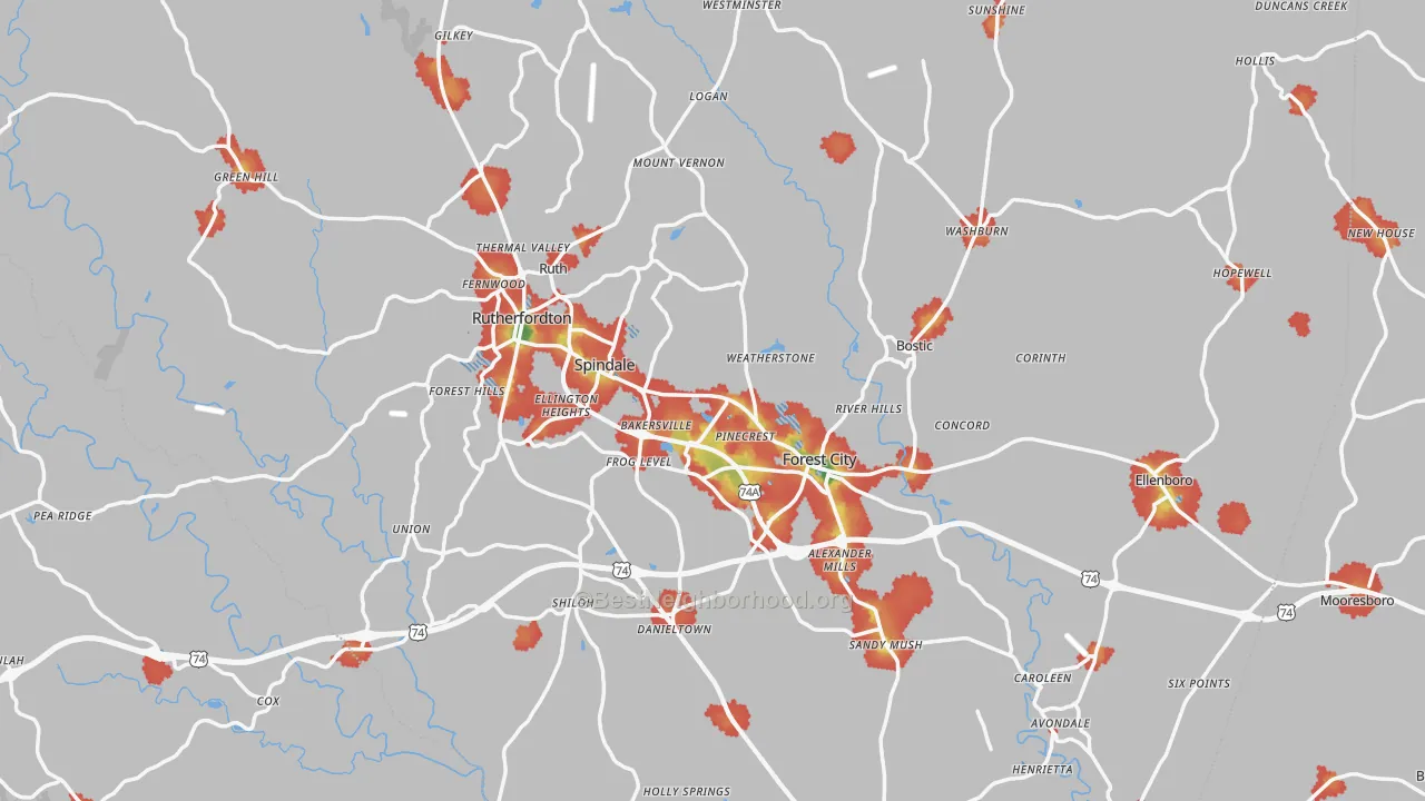 Walk Grade map of Rutherford County, NC, walkable areas in green and car-dependent areas in red