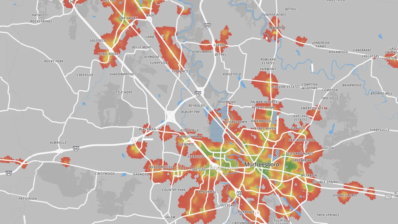 Walk Grade map of Rutherford County, TN, walkable areas in green and car-dependent areas in red