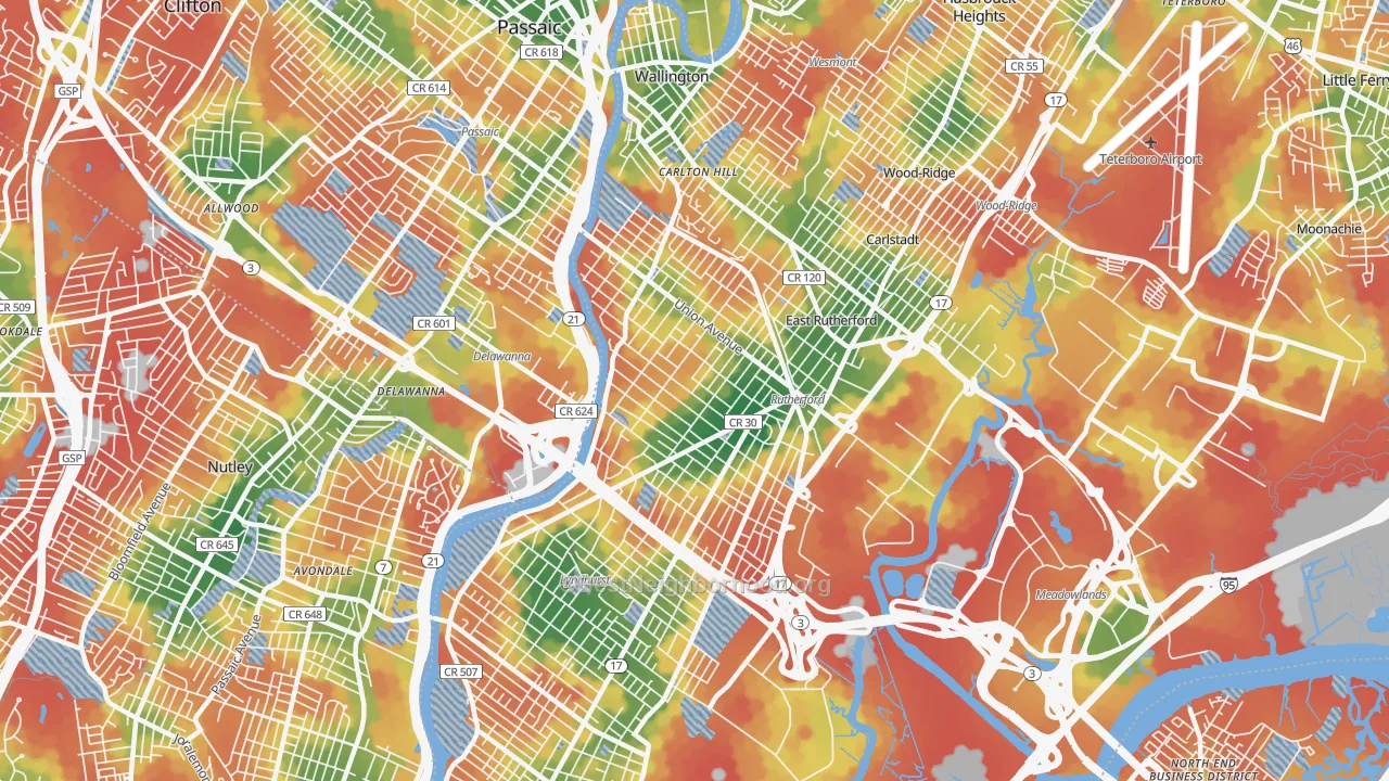 Walk Grade map of Rutherford, NJ, walkable areas in green and car-dependent areas in red