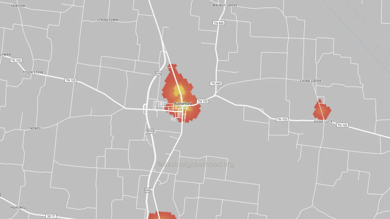Walk Grade map of Rutherford, TN, walkable areas in green and car-dependent areas in red