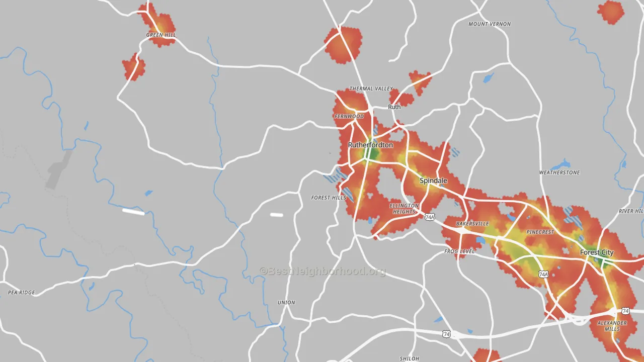 Walk Grade map of Rutherfordton, NC, walkable areas in green and car-dependent areas in red